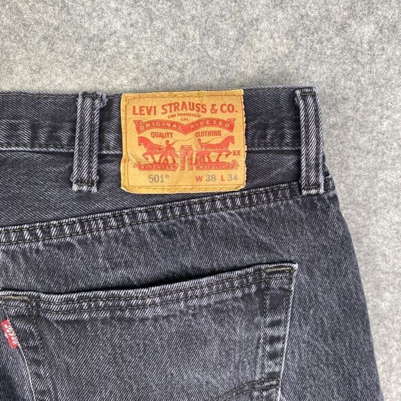 Levis 501 Jeans Mens 38x34 (34x32 Black Button Fly Denim Straight Leg Faded Work - Picture 13 of 13